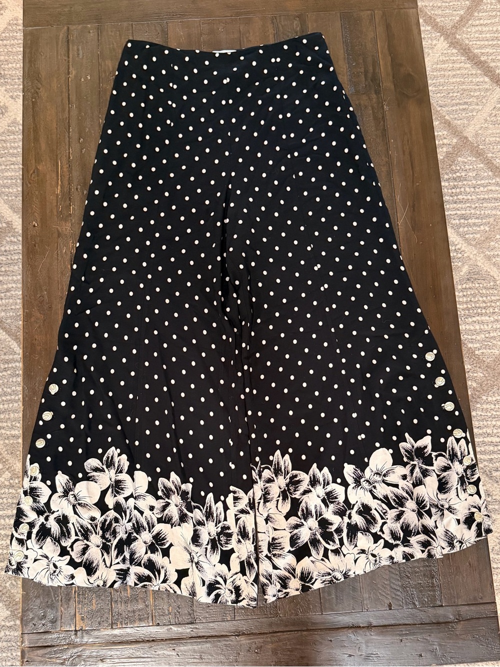 Anthropologie Black Polka Dot Wide-Leg Pants with Cream Floral Border - Picture 2 of 10